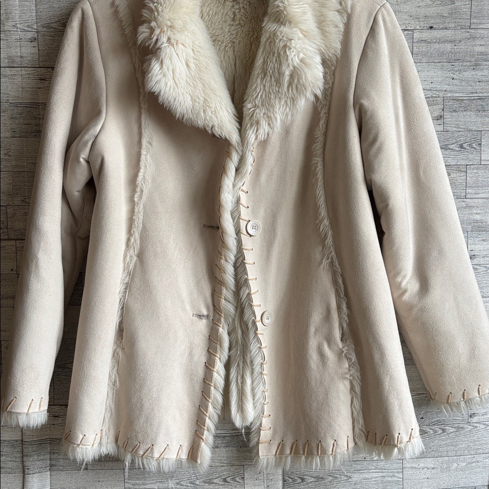 Cream Fur Coat Faux leather shearling jacket Women's Large Y2k Vintage - Picture 4 of 9